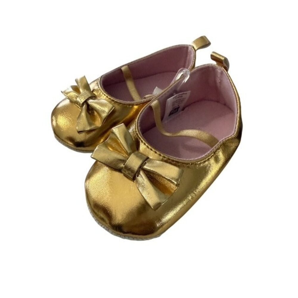 HB Gold Metallic Baby Bow Infant 6-12 Months Shoes Slip on Strap Ballet Crib New